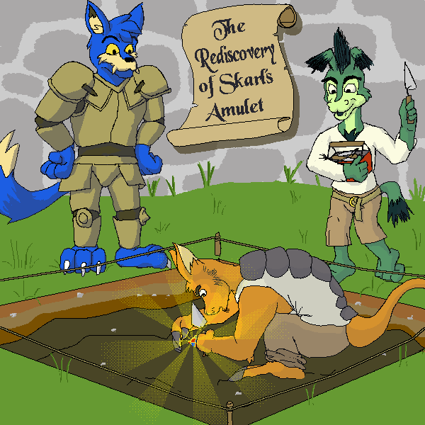 Jeran and Wolcott look into a small archaeological trench as Gaius is hunched over in the dirt hole. Gaius is looking in disbelief at the archaeological find of Skarls amulet, half in the dirt. The sparkly gold amulet seems to glow in an artistically rendered dither pattern
